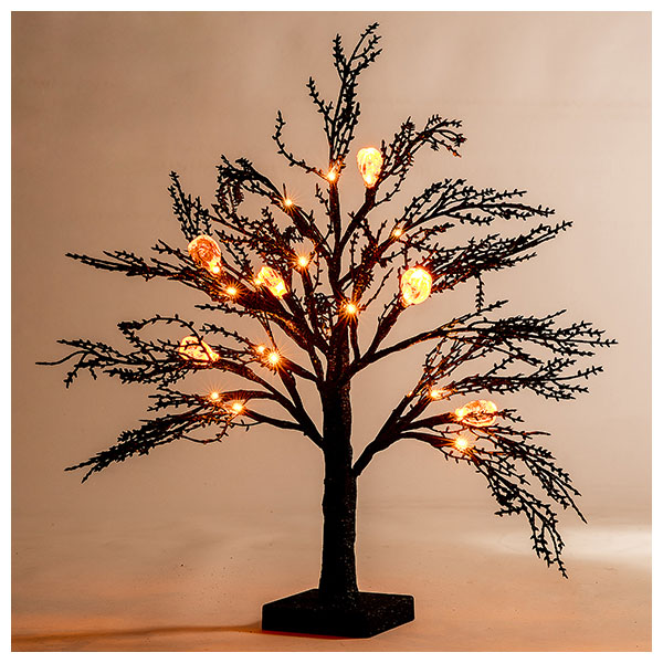 Artificial Halloween Tree  Black Spooky Tree  Glittered with 24 LED Orange Lights and 6 Pumpkins  Tabletop Tree Decor  Halloween Decoration Indoor