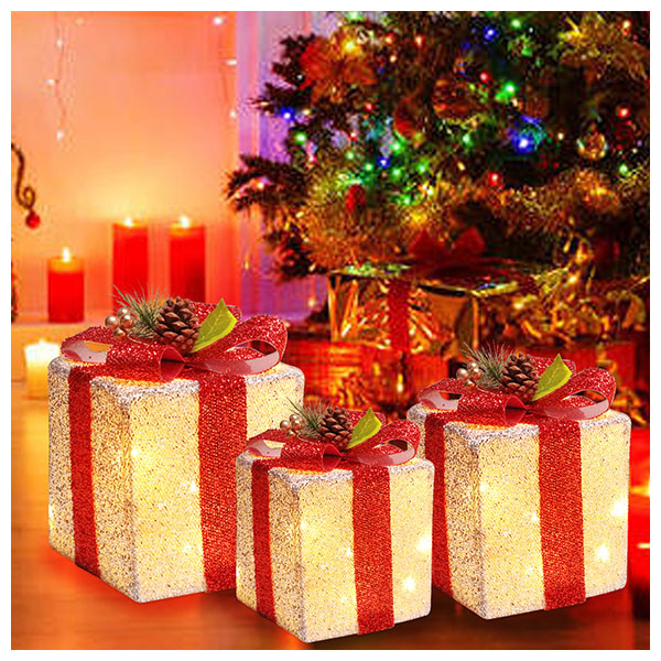 Christmas Lighted Boxes  Set of 3 Lighted Gift Boxes with Red Bows for Christmas Decorations Indoor Outdoor